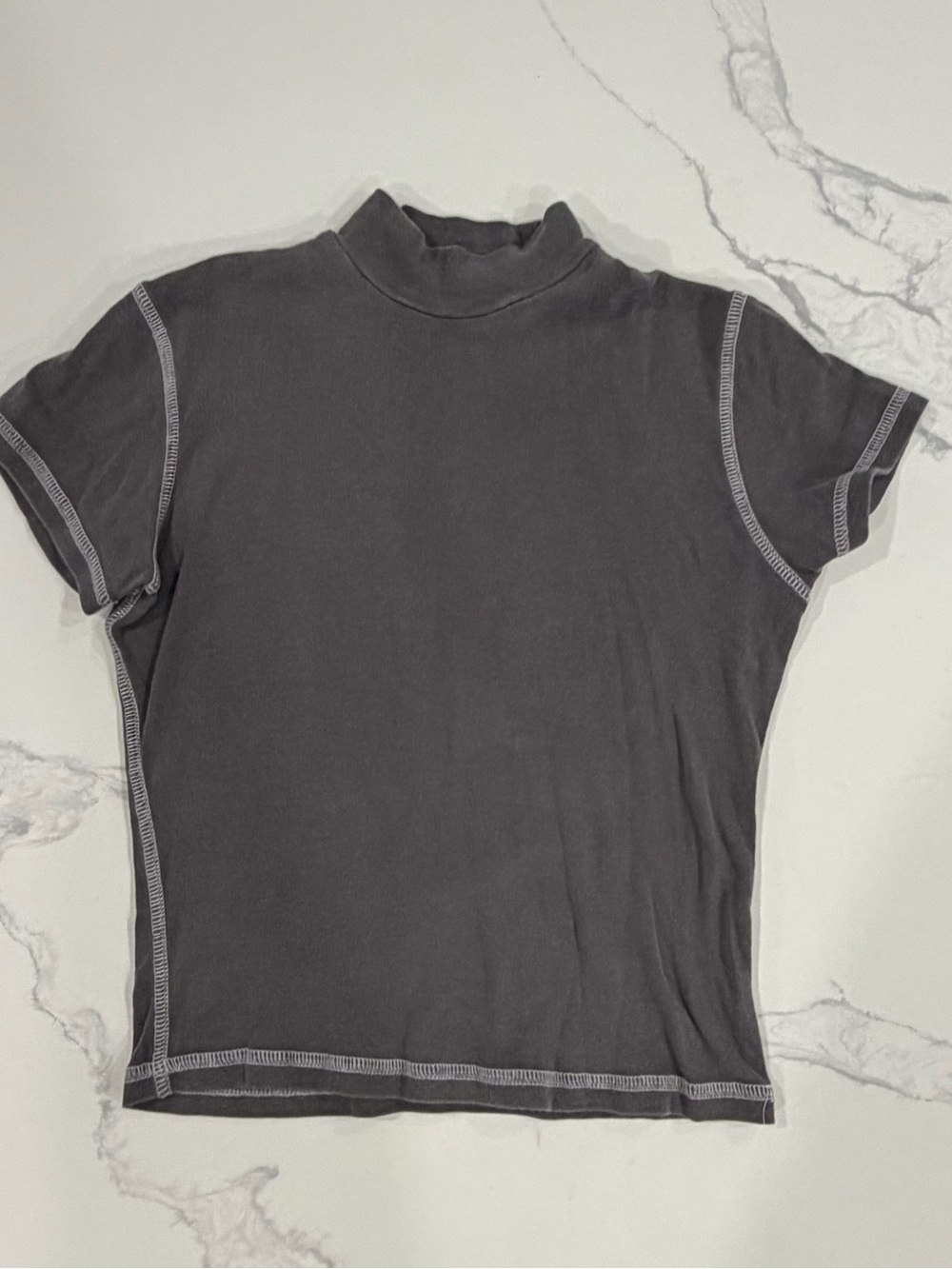 Brandy Melville Charcoal Grey Mock Neck Top White Contrast Stitching One Size